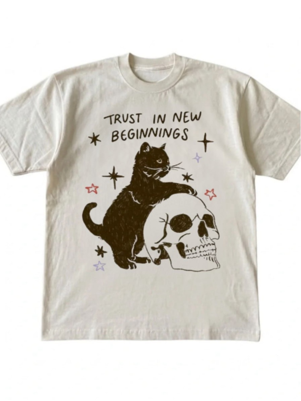 Cream Tee with Black Cat & Skull Graphic